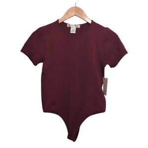 Boutique Bodysuit Textured Body Suit Short Sleeve Burgundy‎ Wine Color One Size